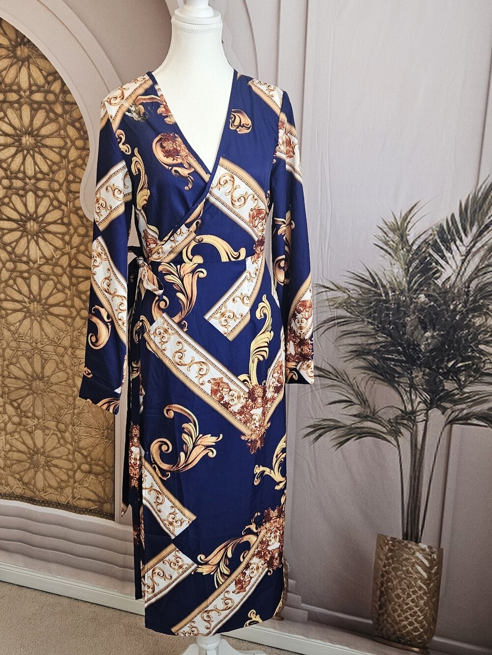 SHEIN Navy Baroque Print Wrap Dress